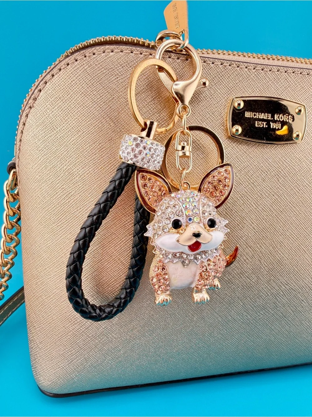 🐶 White & Gold CORGI PUPPY DOG Crystal Rhinestone Bag Charm /Keychain + Key Ring